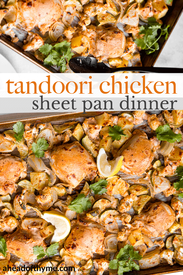 In under 30 minutes, create intensely flavourful tandoori chicken sheet pan dinner loaded with vegetables, any night of the week! Good-bye takeout! | aheadofthyme.com