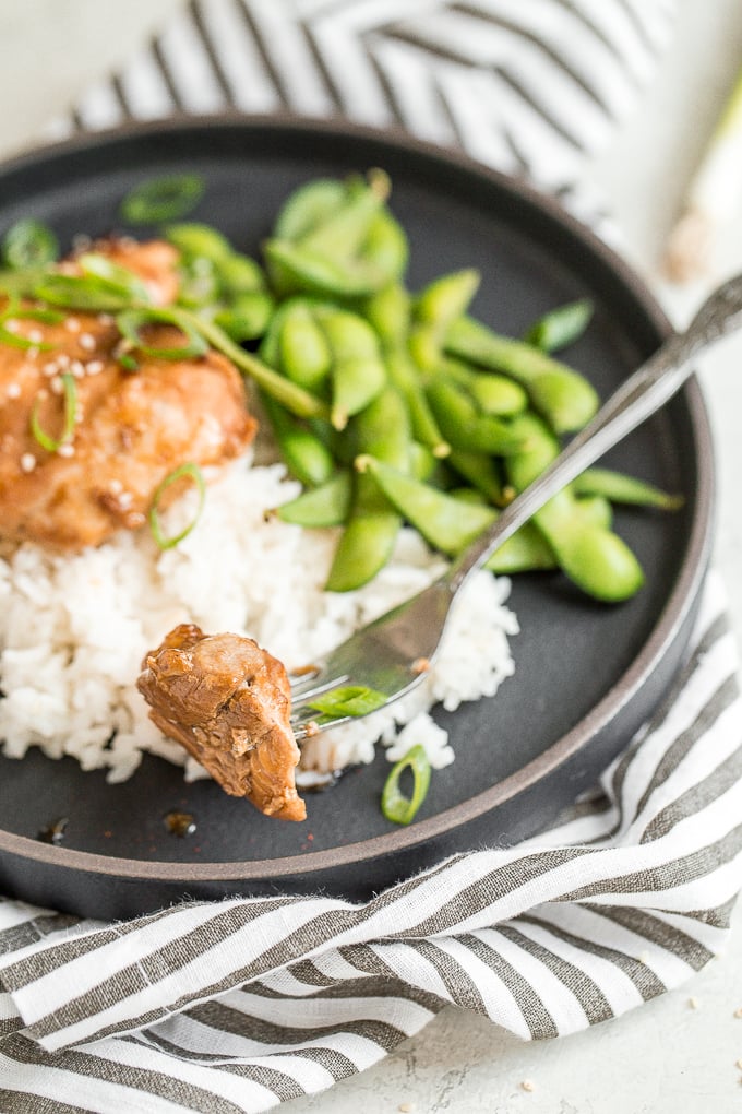 Sheet pan soy-glazed chicken thighs is the perfect weeknight meal -- 30 minutes in the marinade and 20 minutes in the oven. Easier and healthier than take-out! | aheadofthyme.com