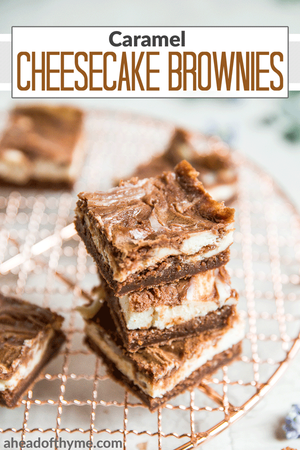 Caramel cheesecake brownies are totally indulgent and worth the effort, so toss that prepared brownie mix away and bake this with a few easy ingredients! | aheadofthyme.com
