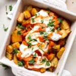 Skip the tapas bar and make Patatas Bravas at home with crispy, roasted potatoes smothered in a homemade sweet and spicy tomato sauce and garlic aioli. | aheadofthyme.com