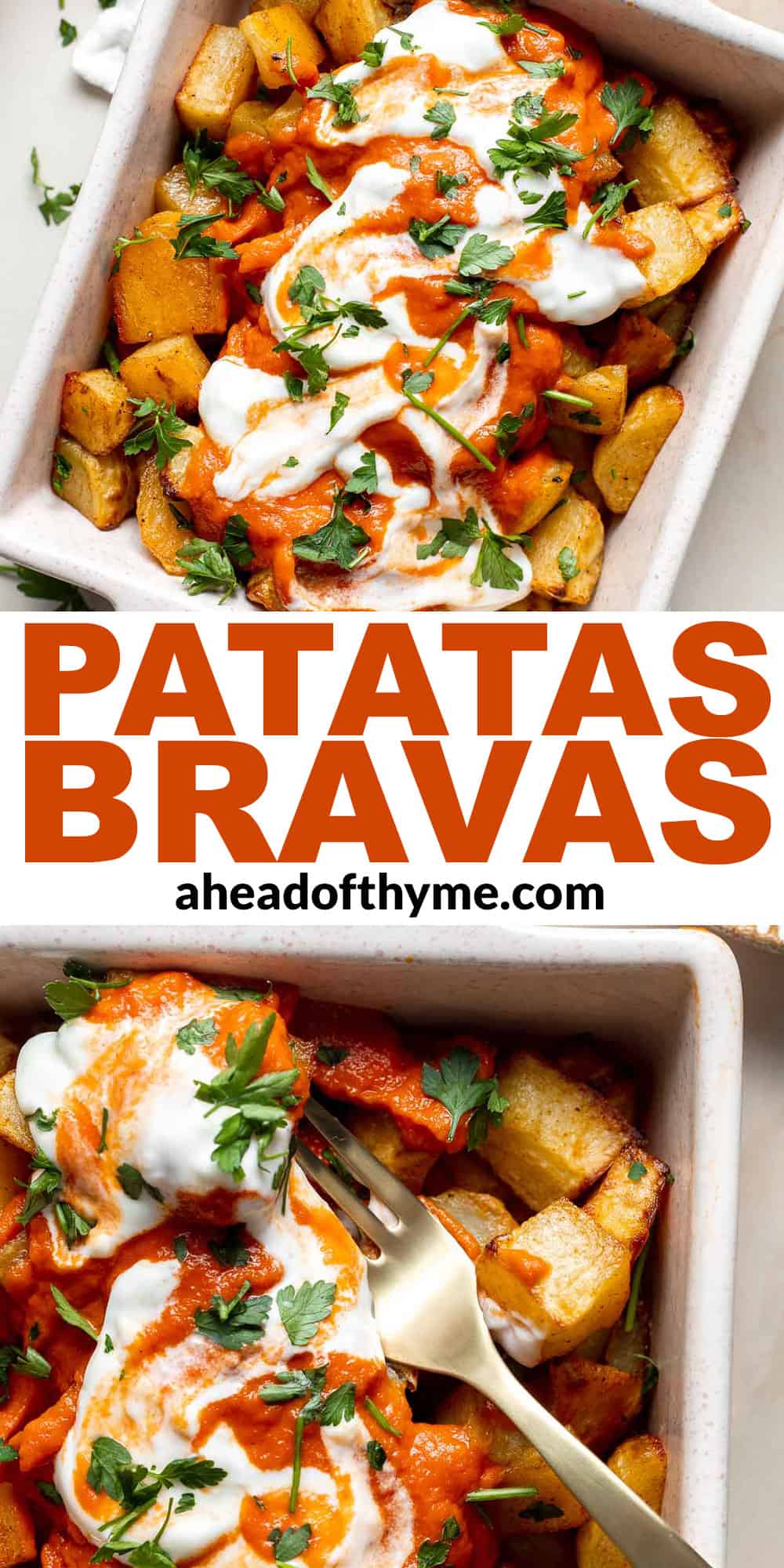 Skip the tapas bar and make Patatas Bravas at home with crispy, roasted potatoes smothered in a homemade sweet and spicy tomato sauce and garlic aioli. | aheadofthyme.com