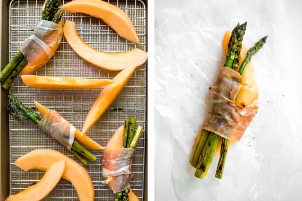 Prosciutto wrapped asparagus and melon are salty, sweet, and juicy. They are easy to make with a handful of simple ingredients, then cooked on the grill. | aheadofthyme.com