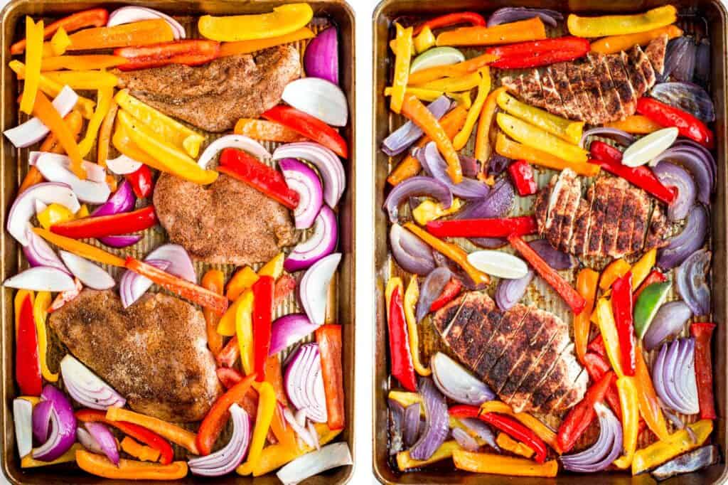 Sheet pan chicken fajitas are quick and easy to make, loaded with flavor, delicious, and ready in less than 30 minutes. Great for meal prep too. | aheadofthyme.com