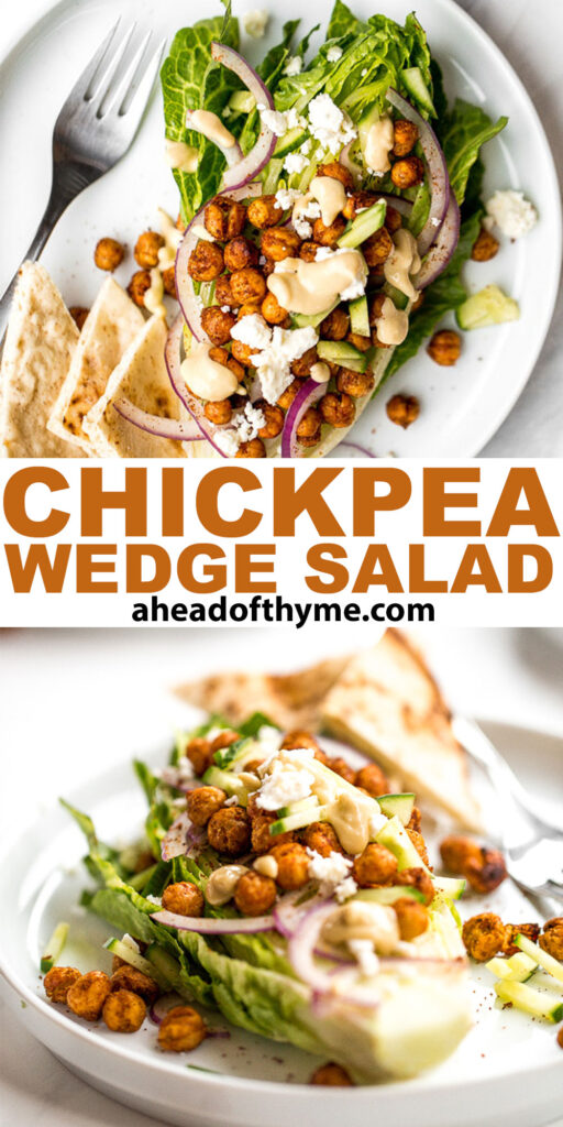 Mediterranean chickpea wedge salad combines chickpeas, crunchy vegetable toppings, and hummus dressing for a delicious deconstructed falafel flavour. | aheadofthyme.com