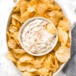 Caramelized onion dip is creamy, flavorful, and melt-in-your-mouth delicious. This easy appetizer is perfect for entertaining, on game day, or for a snack. | aheadofthyme.com