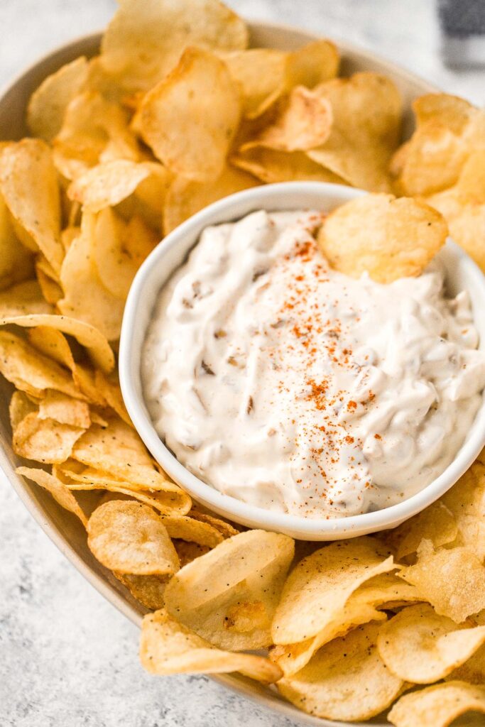 Caramelized onion dip is creamy, flavorful, and melt-in-your-mouth delicious. This easy appetizer is perfect for entertaining, on game day, or for a snack. | aheadofthyme.com