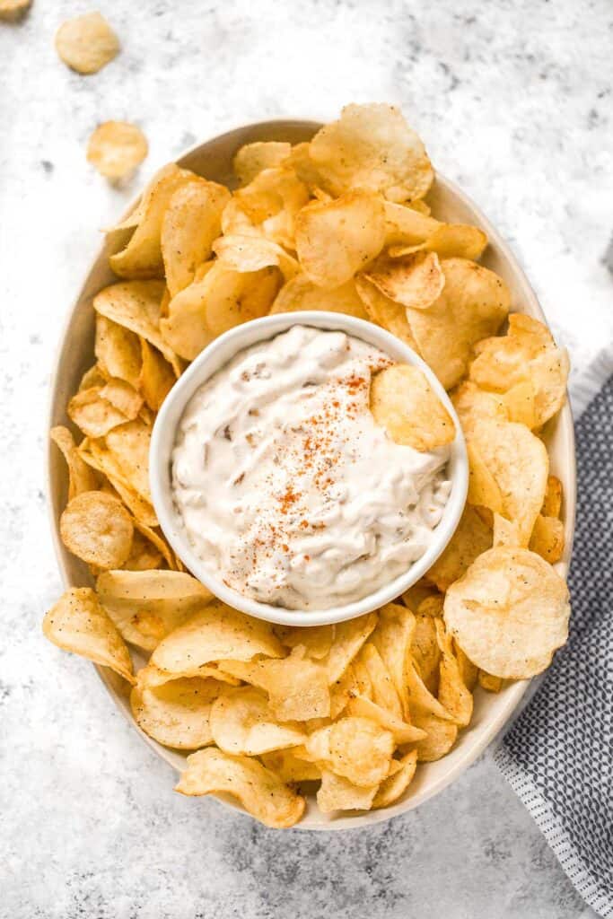 Caramelized onion dip is creamy, flavorful, and melt-in-your-mouth delicious. This easy appetizer is perfect for entertaining, on game day, or for a snack. | aheadofthyme.com