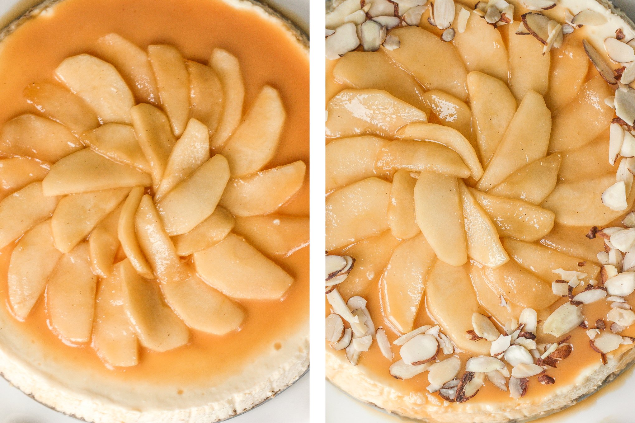 Decadent and light, homemade healthier caramel apple fall cheesecake is made with a graham cracker crust, topped with caramel apples and caramel sauce. It's fall heaven. | aheadofthyme.com