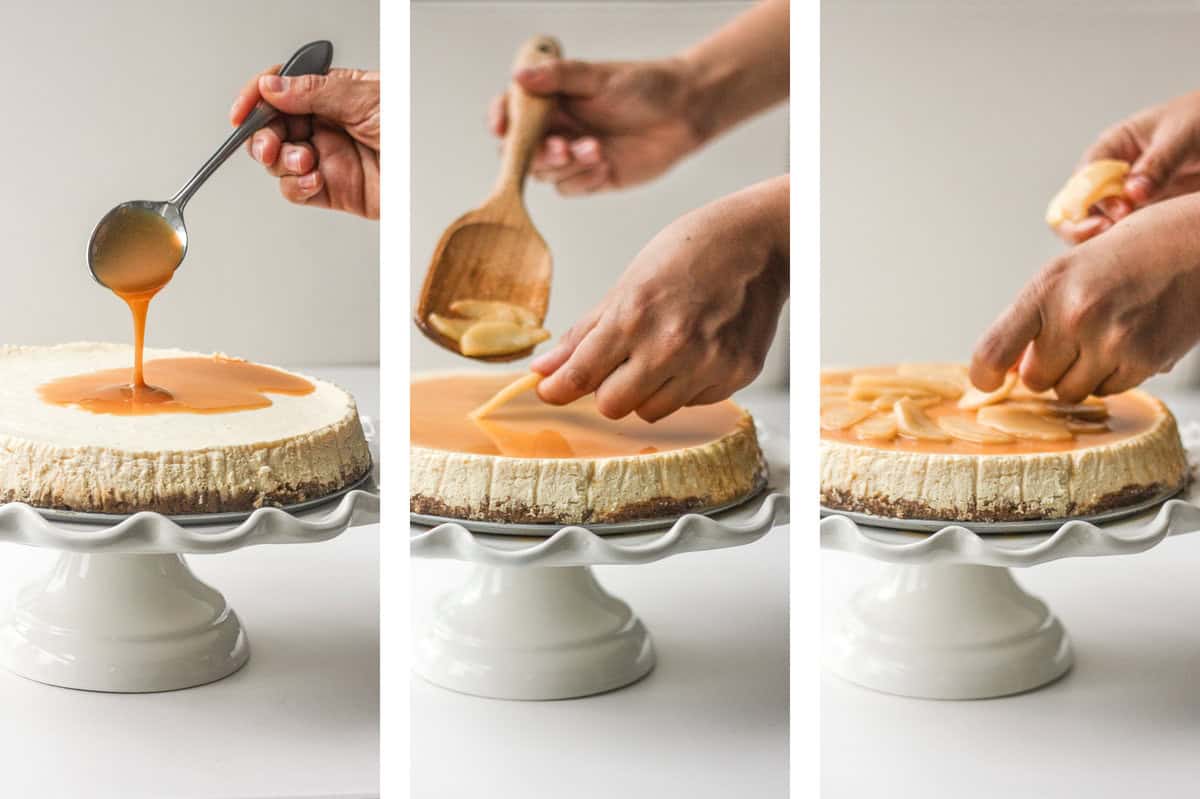 Decadent and light, homemade healthier caramel apple fall cheesecake is made with a graham cracker crust, topped with caramel apples and caramel sauce. It's fall heaven. | aheadofthyme.com