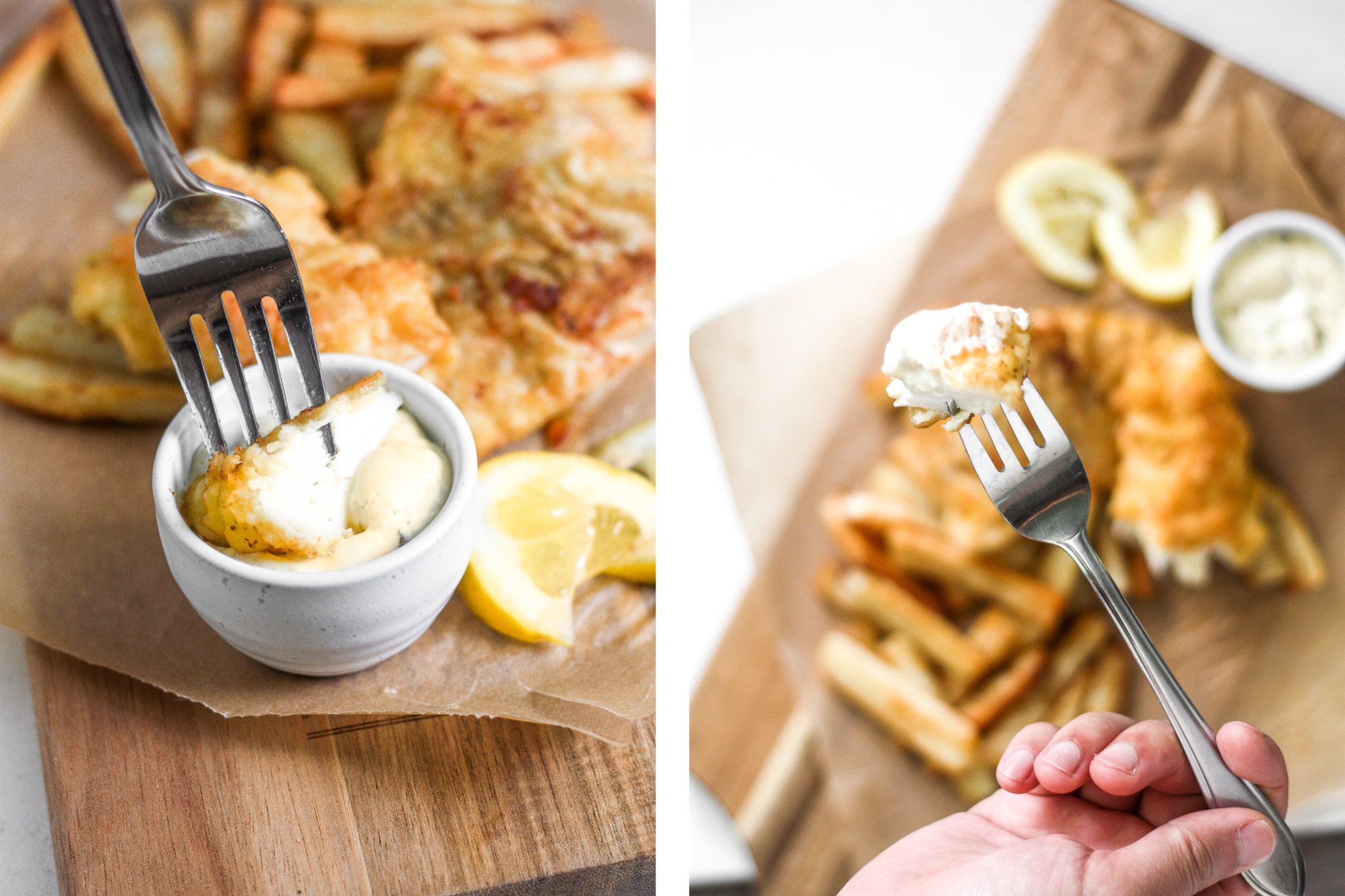 These healthy fish and chips are crispy on the outside and juicy, tender, and flakey on the inside. Pair it with homemade tartar sauce and say hello to comfort food heaven! | aheadofthyme.com