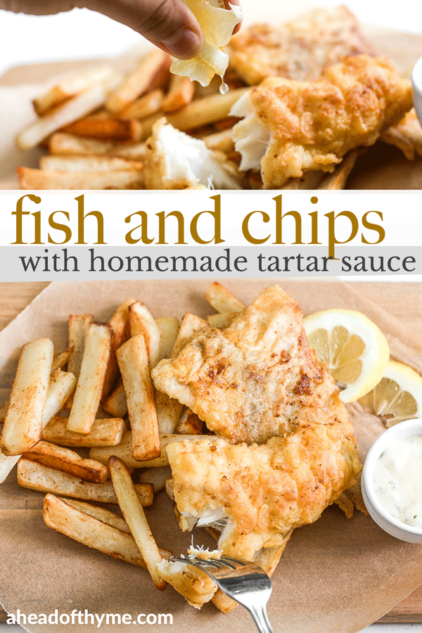 These healthy fish and chips are crispy on the outside and juicy, tender, and flakey on the inside. Pair it with homemade tartar sauce and say hello to comfort food heaven! | aheadofthyme.com