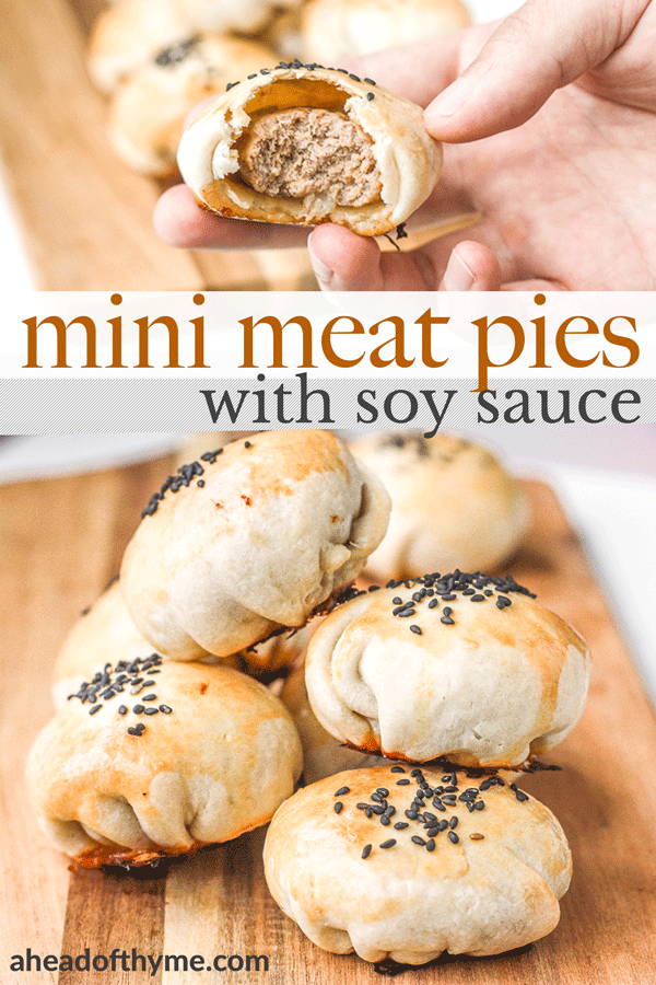 Mini meat pies with soy sauce are flakey puff pastries stuffed with delicious and juicy meat inside marinated with Asian flavours. | aheadofthyme.com