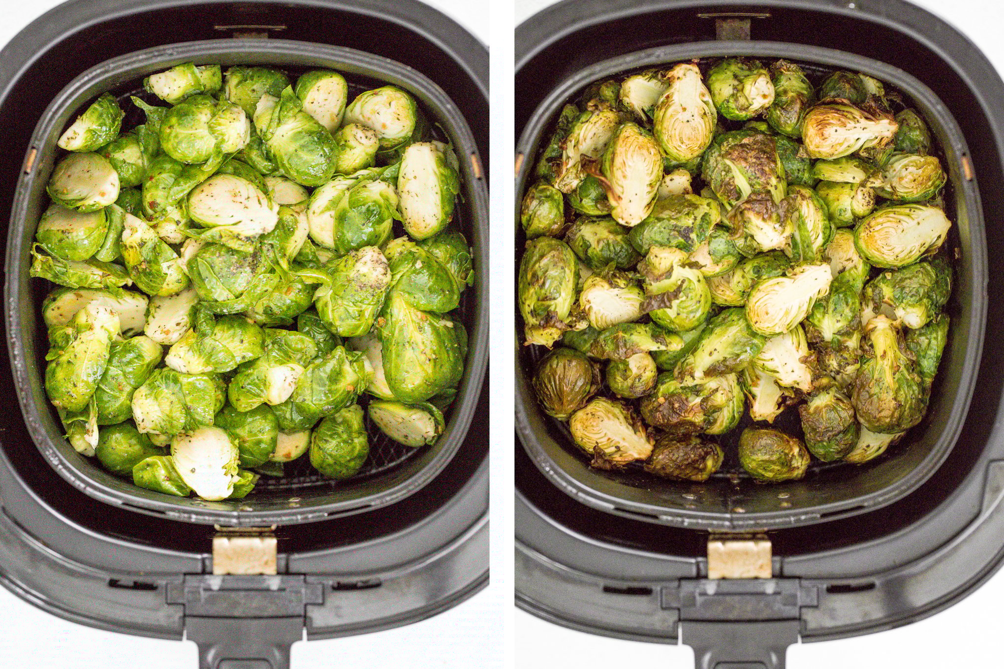 Tender and crispy roasted air fryer brussels sprouts cooks in less than 12 minutes with very little oil. It is a holiday table game changer. | aheadofthyme.com