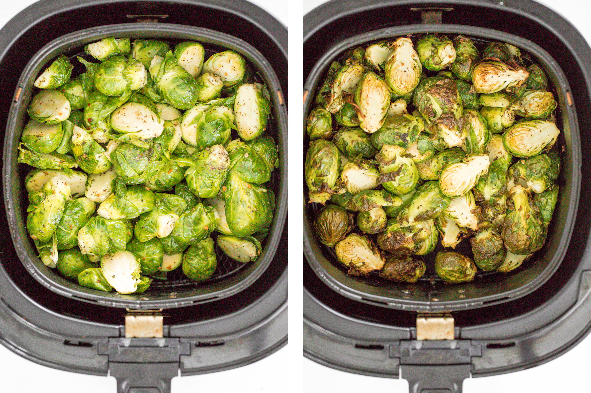 Tender and crispy roasted air fryer brussels sprouts cooks in less than 12 minutes with very little oil. It is a holiday table game changer. | aheadofthyme.com