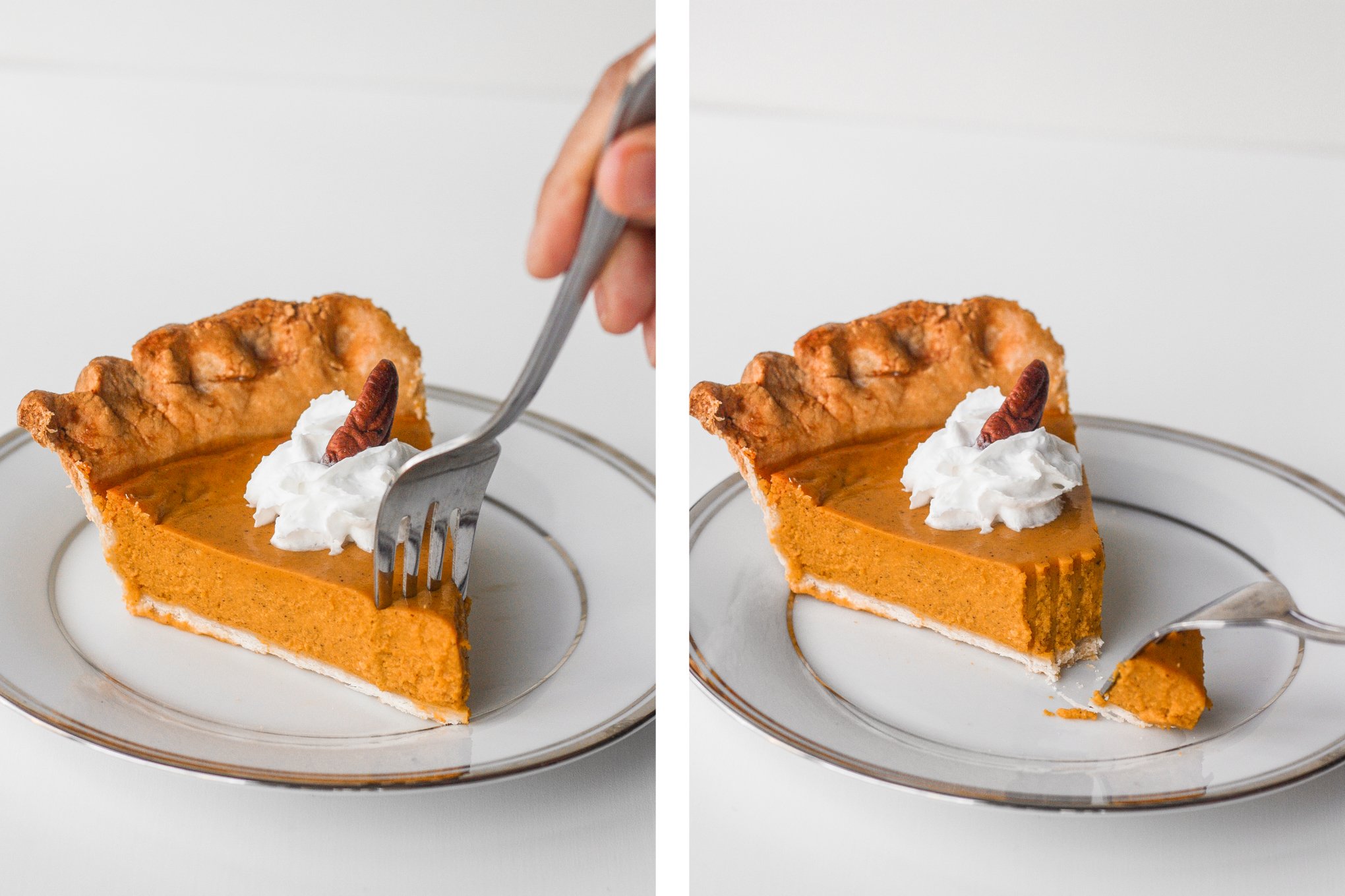 Thanksgiving just isn't the same without a slice of classic Thanksgiving pumpkin pie with flaky crust, smooth pumpkin filling, and topped with whipped cream and pecans. | aheadofthyme.com