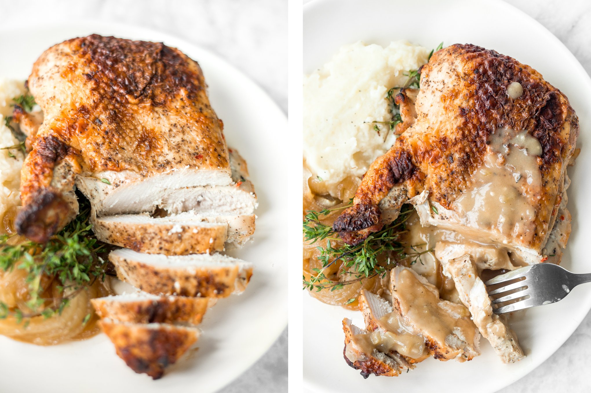 Easy juicy roasted turkey breast is the PERFECT holiday dinner, minus the headache...tender meat, crispy skin, and a layer of roasted onions. | aheadofthyme.com