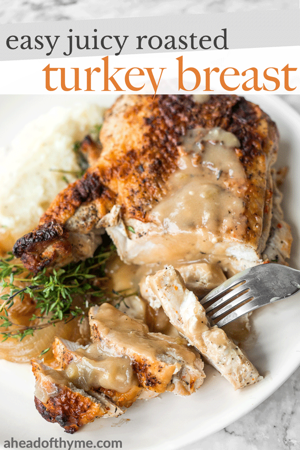 Easy juicy roasted turkey breast is the PERFECT holiday dinner, minus the headache...tender meat, crispy skin, and a layer of roasted onions. | aheadofthyme.com