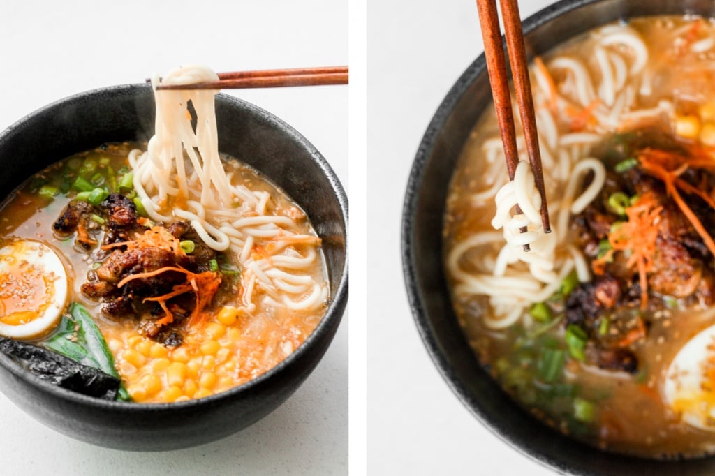 Satisfy your ramen cravings with healthy miso ramen with chicken from the comfort of your own home. Weeknight dinners have never been tastier! | aheadofthyme.com