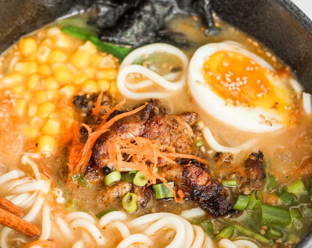 Satisfy your ramen cravings with healthy miso ramen with chicken from the comfort of your own home. Weeknight dinners have never been tastier! | aheadofthyme.com