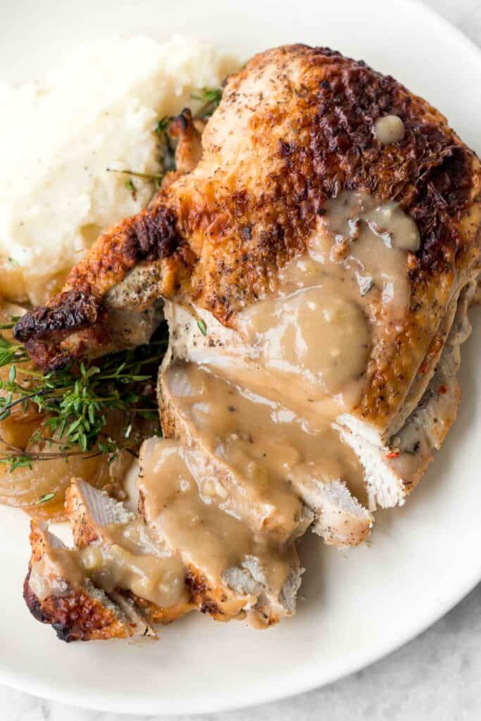This easy Juicy Roasted Turkey Breast is the perfect main course for a small, intimate Thanksgiving dinner without the hassle of roasting a whole bird. | aheadofthyme.com