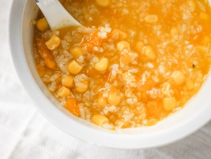 When east meets west, savoury pumpkin congee rice porridge with corn is born. It's thick and creamy -- the ultimate fall comfort food. | aheadofthyme.com