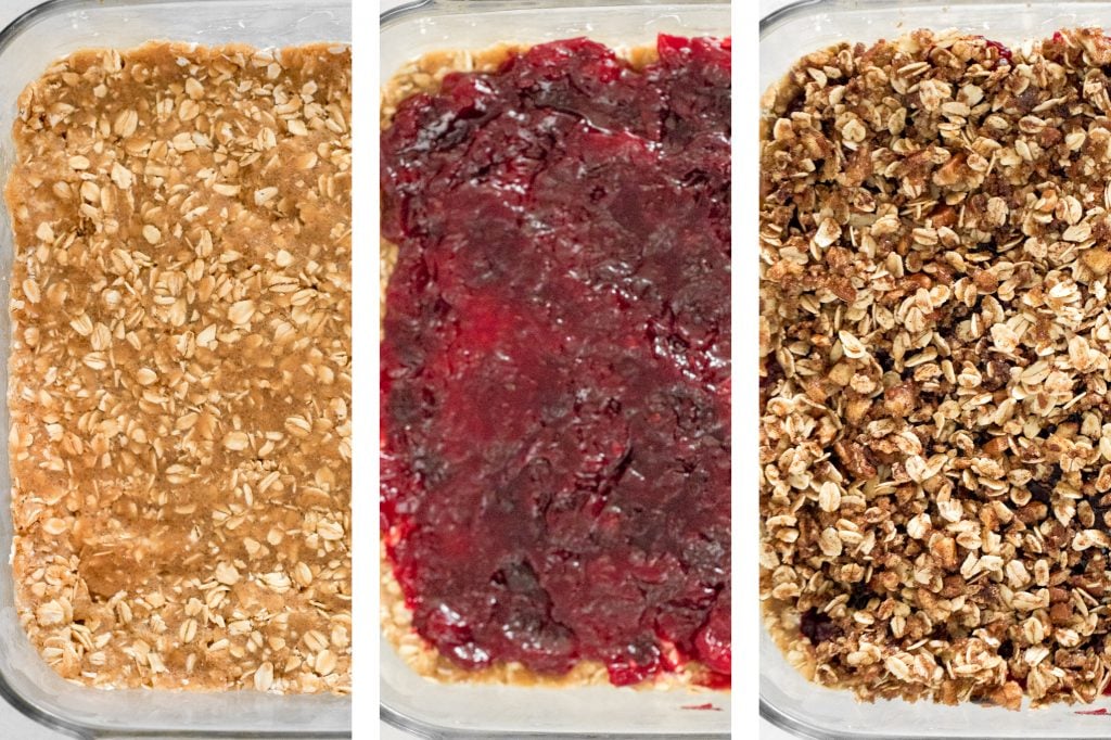 Easy cranberry sauce oat bars with a buttery crust, cranberry sauce filling, and crumbly pecan oat topping is the best way to use leftover cranberry sauce. | aheadofthyme.com