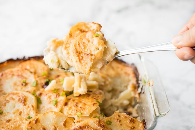 Rich and creamy potatoes au gratin is the ultimate comfort food made with sliced potatoes, cheese, and milk. It's the perfect side dish for the holidays. | aheadofthyme.com