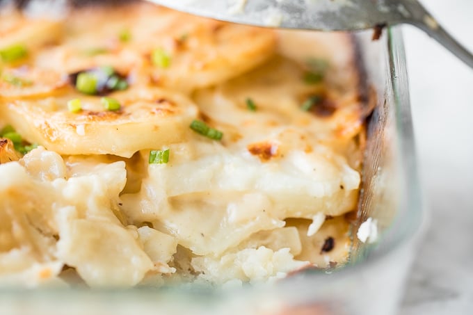 Rich and creamy potatoes au gratin is the ultimate comfort food made with sliced potatoes, cheese, and milk. It's the perfect side dish for the holidays. | aheadofthyme.com