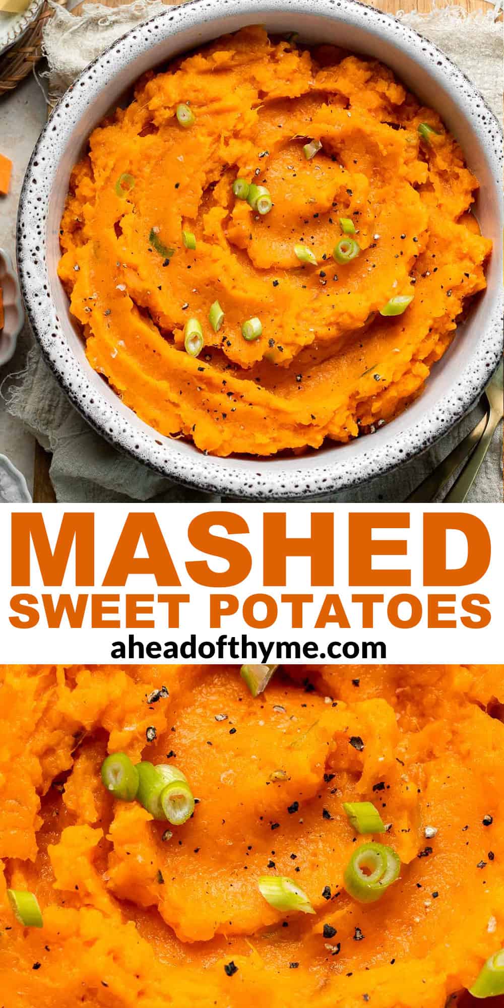 Creamy, buttery savory mashed sweet potatoes with garlic, herbs, and green onions is the perfect cozy side for dinner or holidays. | aheadofthyme.com