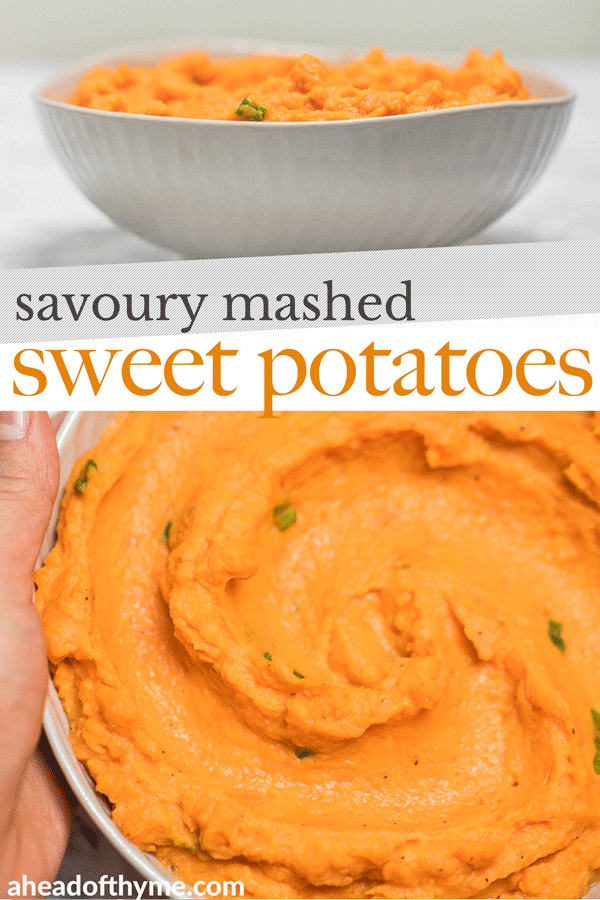 Velvety, smooth, and creamy, this savoury mashed sweet potatoes dish is quick and easy and can be made ahead of time -- it is the perfect side for your holiday meal. | aheadofthyme.com