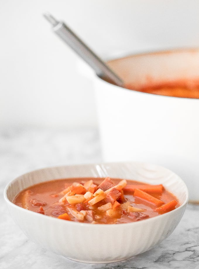 Creamy and hearty Chinese-style borscht soup is loaded with carrots, potatoes, cabbage, and ham AND is both gluten-free and dairy-free. | aheadofthyme.com