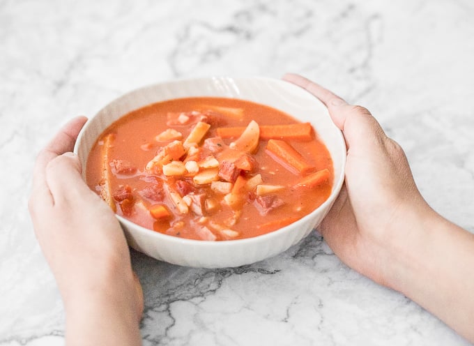 Creamy and hearty Chinese-style borscht soup is loaded with carrots, potatoes, cabbage, and ham AND is both gluten-free and dairy-free. | aheadofthyme.com