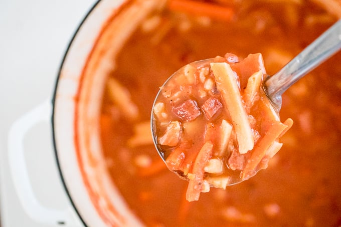 Creamy and hearty Chinese-style borscht soup is loaded with carrots, potatoes, cabbage, and ham AND is both gluten-free and dairy-free. | aheadofthyme.com