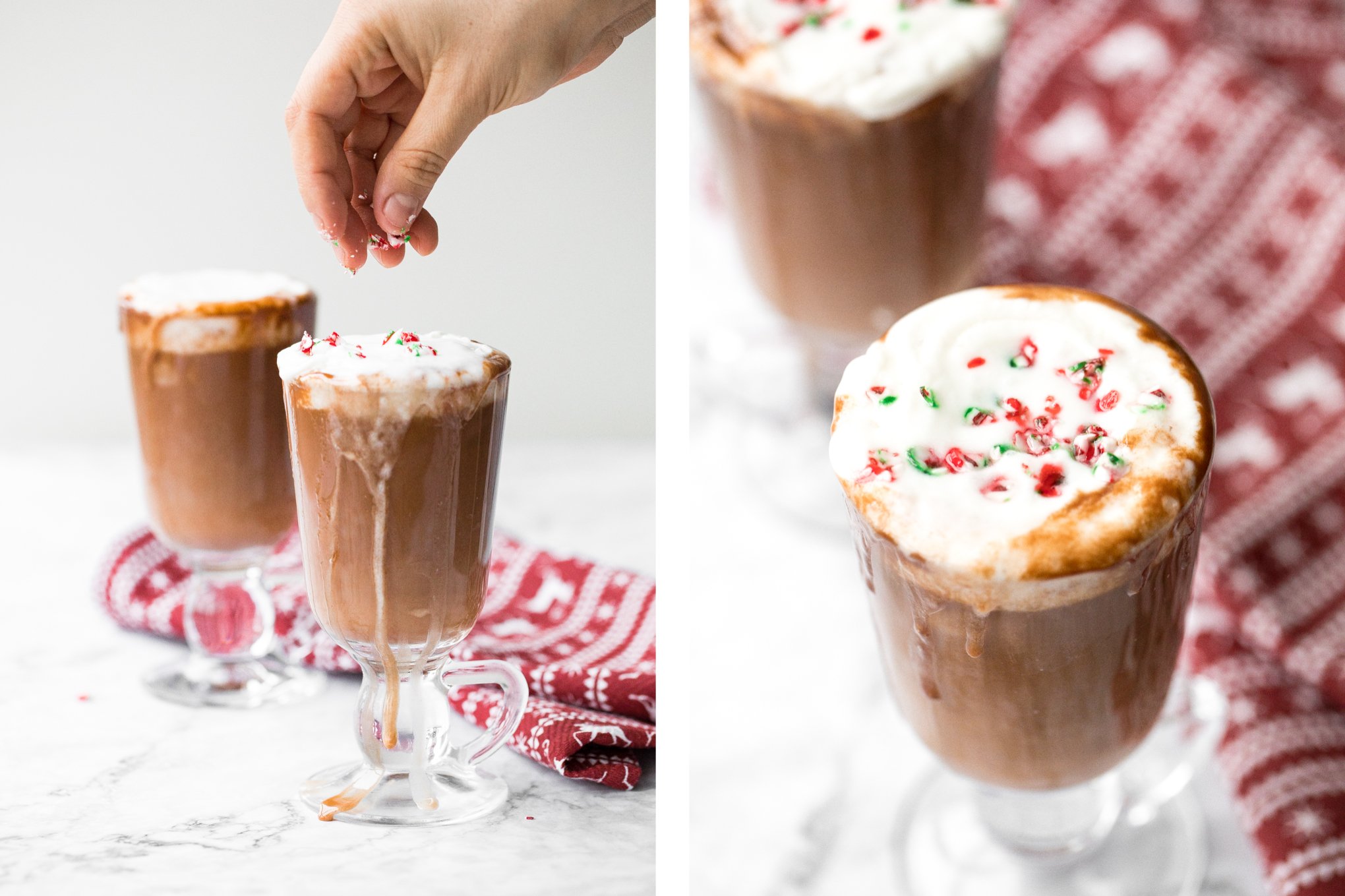 Make yourself a festive holiday drink in 5 minutes by combining creamy milk, chocolate, and minty candy canes for a cup of easy peppermint hot chocolate. | aheadofthyme.com