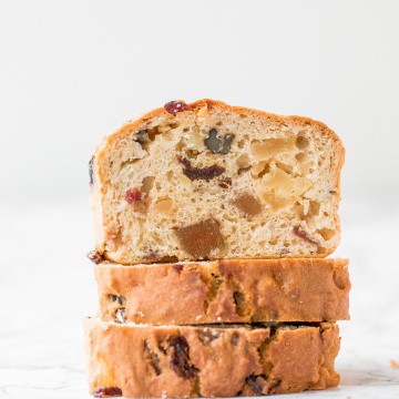 Perfect for the holidays, this super moist and tender, festive yogurt fruitcake is loaded with dried fruits and nuts for a burst of flavour in every bite. | aheadofthyme.com