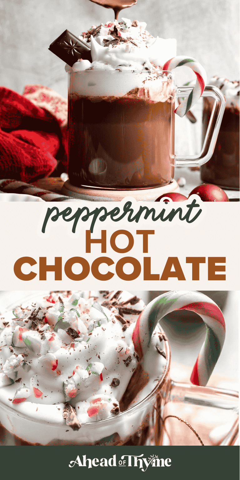 Cozy, creamy peppermint hot chocolate made with real chocolate, warm milk, and a touch of peppermint extract. Perfect for winter nights and holiday treats. | aheaofthyme.com