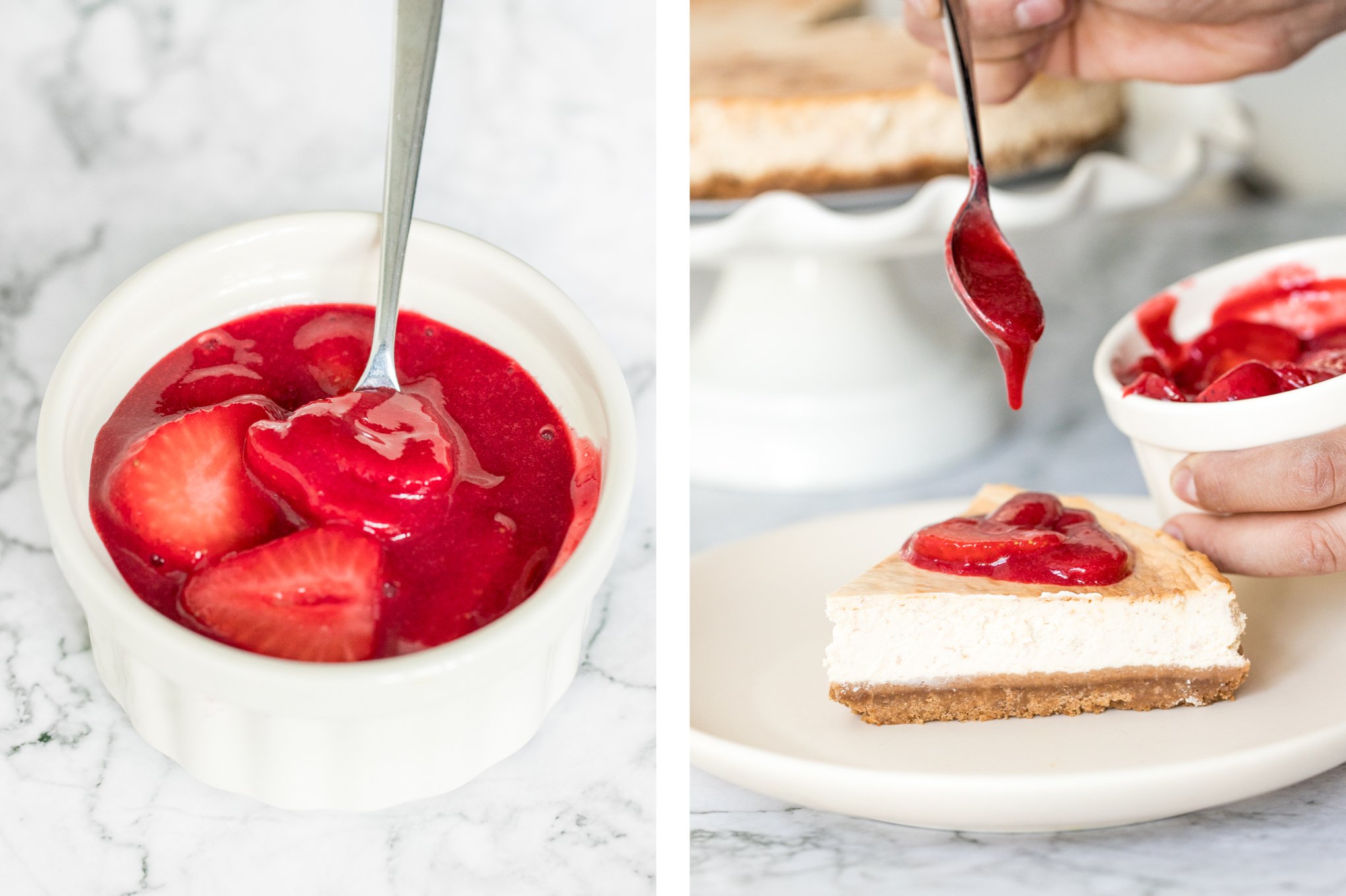 Easy to make, 3-ingredient homemade strawberry sauce is the perfect topping for all your dessert dishes. Pour this over pancakes, waffles, crepes, cheesecakes and more! | aheadofthyme.com