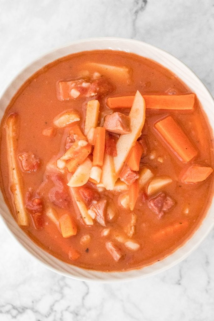 Creamy and hearty Chinese-style borscht soup is loaded with carrots, potatoes, cabbage, and ham AND is both gluten-free and dairy-free. | aheadofthyme.com