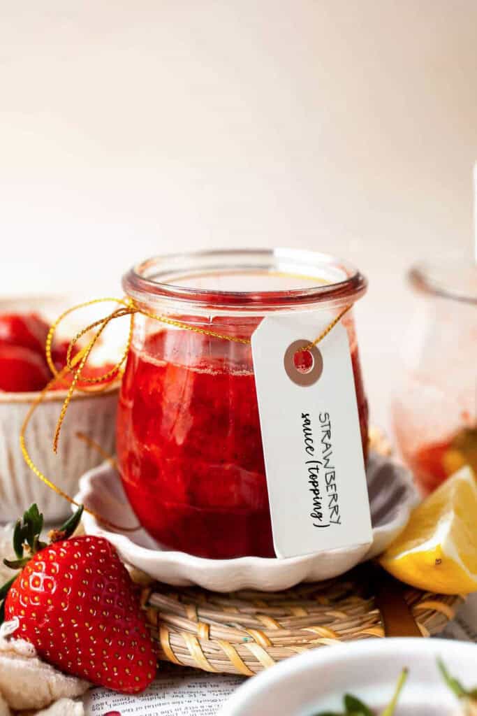 This Fresh Strawberry Sauce (3 Ingredient Topping) is quick, sweet, and fruity — perfect for pancakes, cheesecake, and more! | aheadofthyme.com