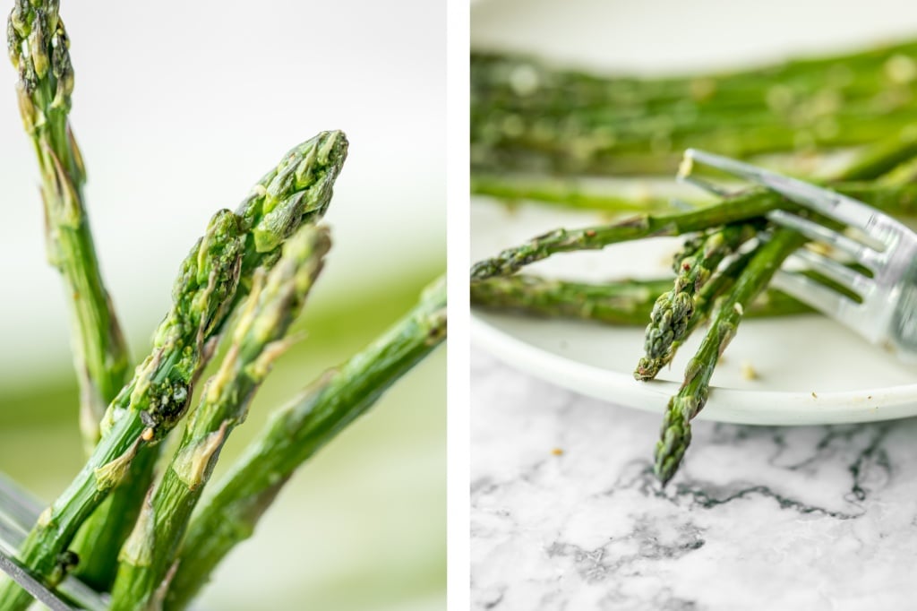 Crisp on the outside and tender inside, air fryer asparagus cooks in just 6 minutes! It is tossed in very little olive oil with garlic and seasonings. | aheadofthyme.com