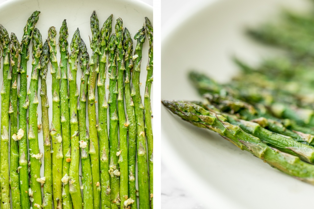 Crisp on the outside and tender inside, air fryer asparagus cooks in just 6 minutes! It is tossed in very little olive oil with garlic and seasonings. | aheadofthyme.com