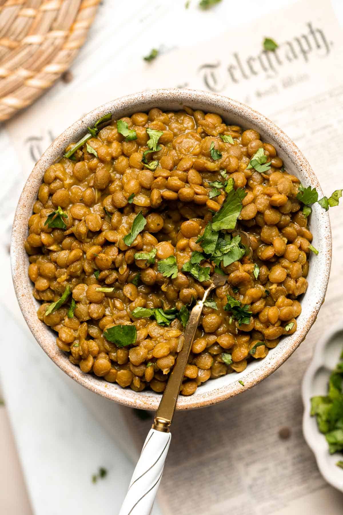 Easy 20-Minute One Pot Lentils are a healthy, nourishing, and delicious vegan meal that is easy to make in a few simple steps. Make a big batch and freeze! | aheadofthyme.com