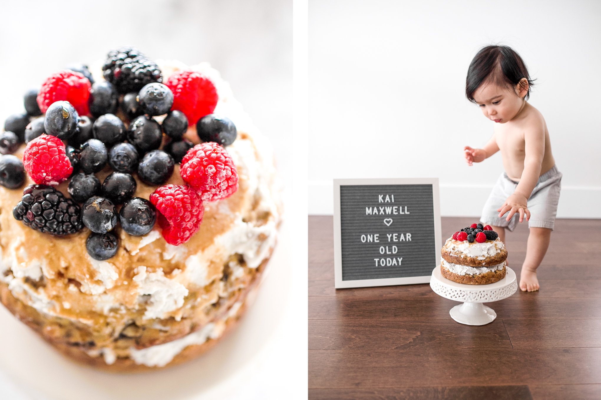 This healthy banana smash cake is held together with a whipped coconut cream frosting and topped with more cream, mixed berries and a drizzle of maple syrup. | aheadofthyme.com