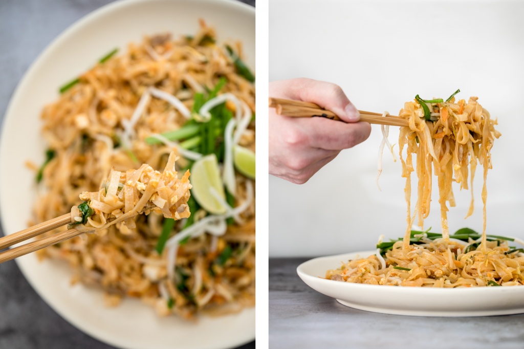 No more takeout when you can make flavourful, restaurant-style, authentic chicken Pad Thai at home in just 10 minutes. It's sweet, savoury, sour and nutty. | aheadofthyme.com