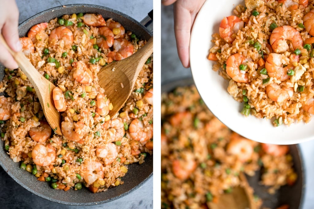 Quick and easy, one-pan, 10-minute seafood fried rice with tiger prawns is so much healthier, tastier and better than takeout. It's the easiest weeknight meal. | aheadofthyme.com