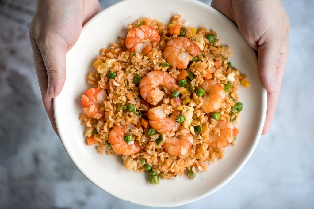 Quick and easy, one-pan, 10-minute seafood fried rice with tiger prawns is so much healthier, tastier and better than takeout. It's the easiest weeknight meal. | aheadofthyme.com