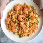 Quick and easy, one-pan, 10-minute seafood fried rice with tiger prawns is so much healthier, tastier and better than takeout. It's the easiest weeknight meal. | aheadofthyme.com