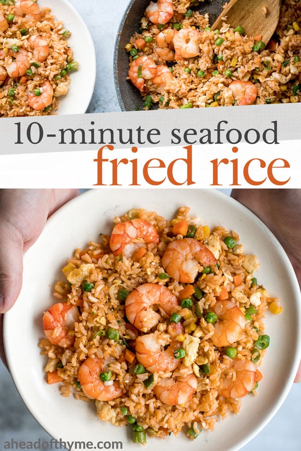 Quick and easy, one-pan, 10-minute seafood fried rice with tiger prawns is so much healthier, tastier and better than takeout. It's the easiest weeknight meal. | aheadofthyme.com