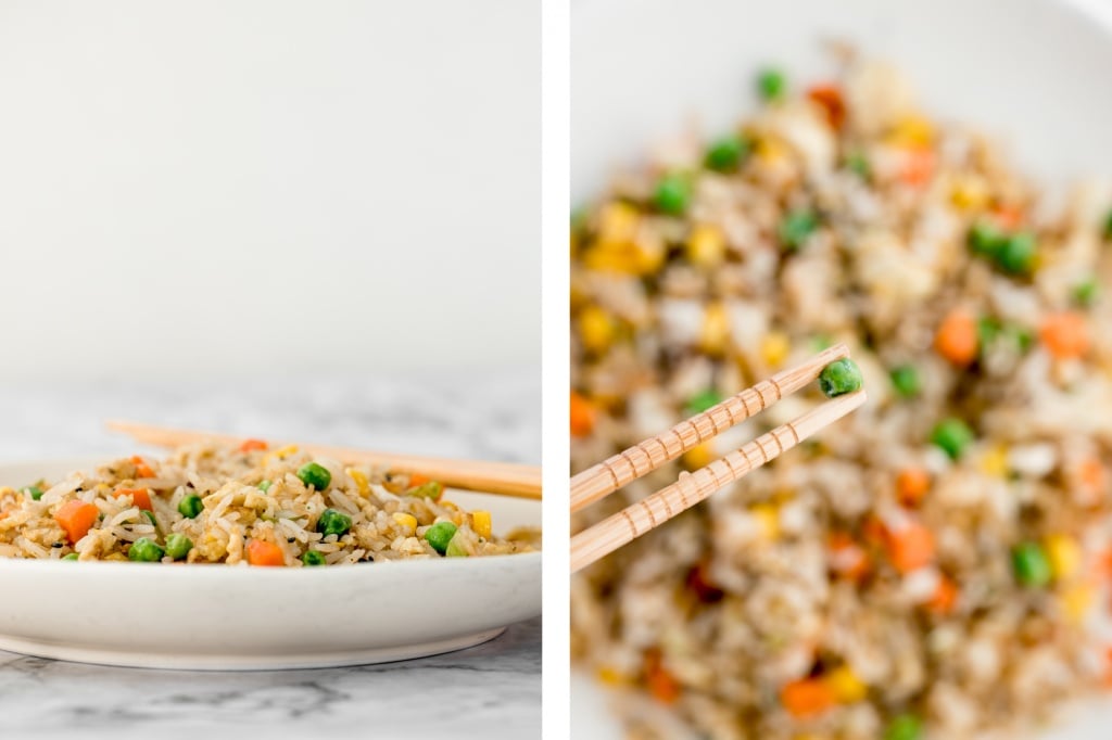 Make flavourful, Chinese restaurant-style vegetarian fried rice at home in 10 minutes, with fully customizable ingredients, and say good-bye to take-out! | aheadofthyme.com