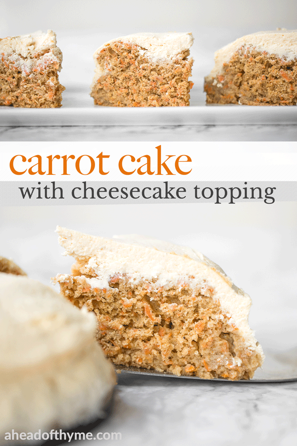 Super moist and perfectly spiced carrot cake with a creamy cheesecake topping is flavourful, comforting, and the perfect homemade spring dessert. | aheadofthyme.com